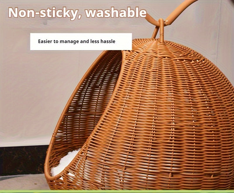 Vintage Style Rattan Woven Pet Hammock with Removable Cushion