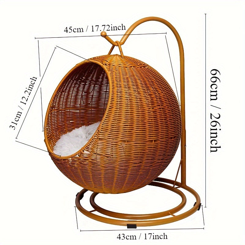 Vintage Style Rattan Woven Pet Hammock with Removable Cushion