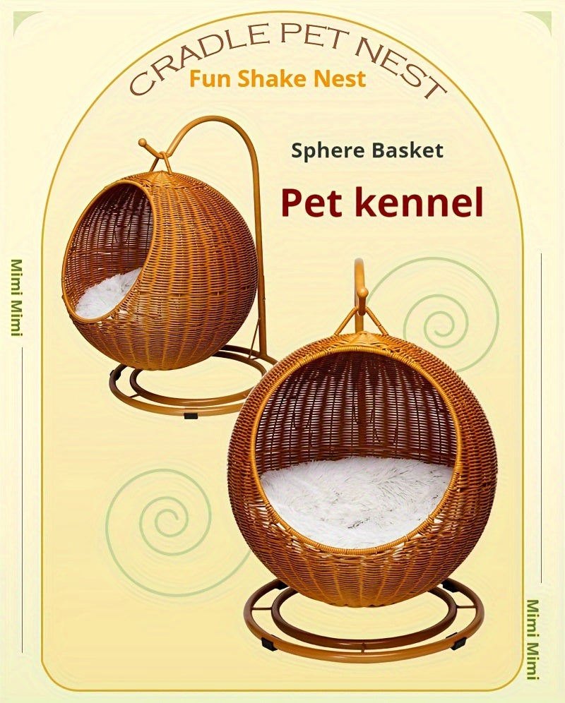 Vintage Style Rattan Woven Pet Hammock with Removable Cushion