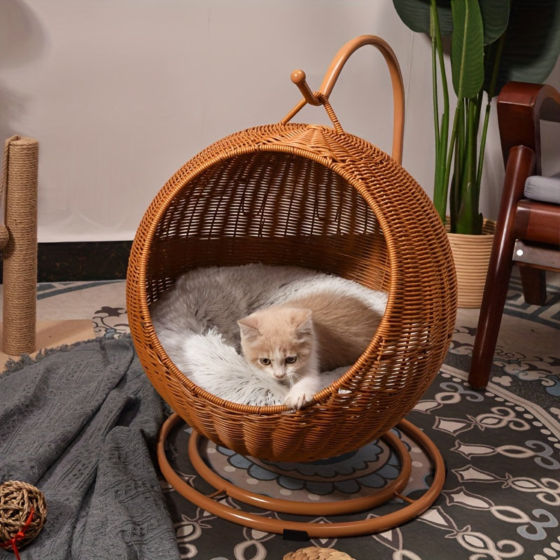 Vintage Style Rattan Woven Pet Hammock with Removable Cushion