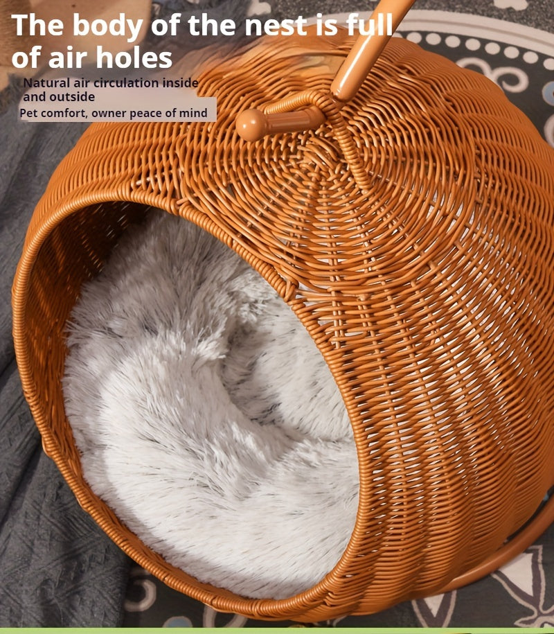 Vintage Style Rattan Woven Pet Hammock with Removable Cushion