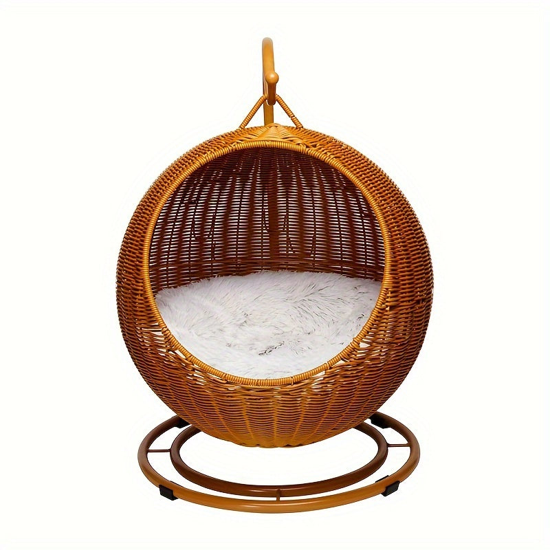 Vintage Style Rattan Woven Pet Hammock with Removable Cushion